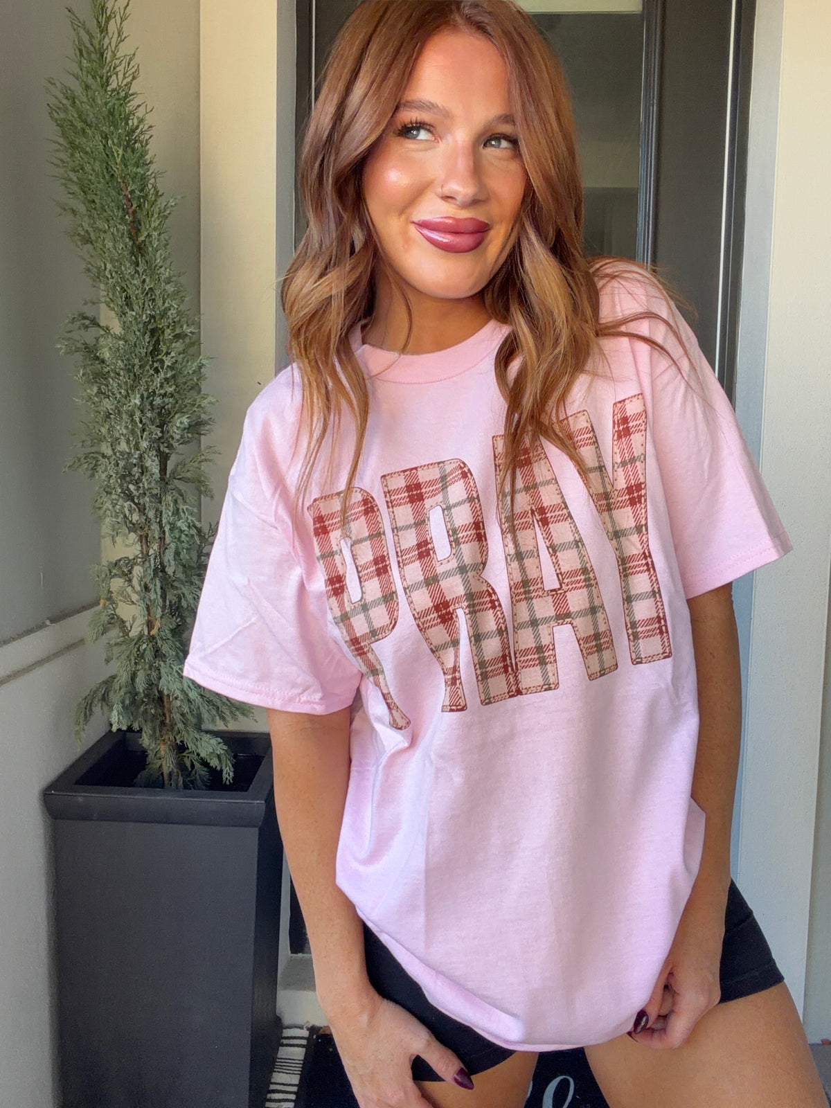 Plaid Pray Graphic Top