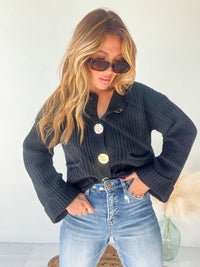 Cozying Up Black Gold Button Detail Sweater Cardigan