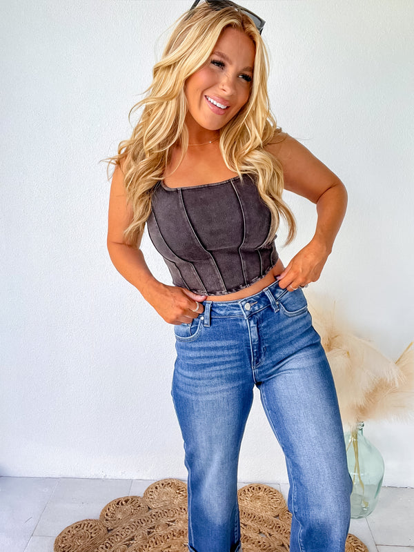 Moving Quickly Black Mineral Wash Corset Seam Top
