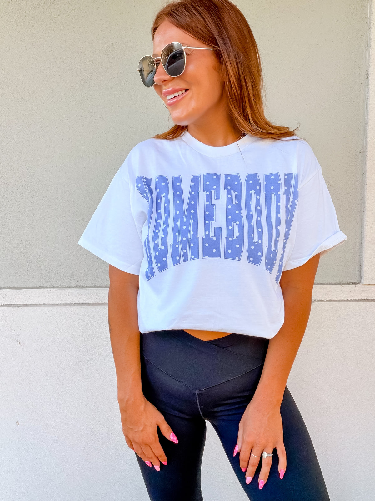 Blue Polkadot Homebody Graphic Top