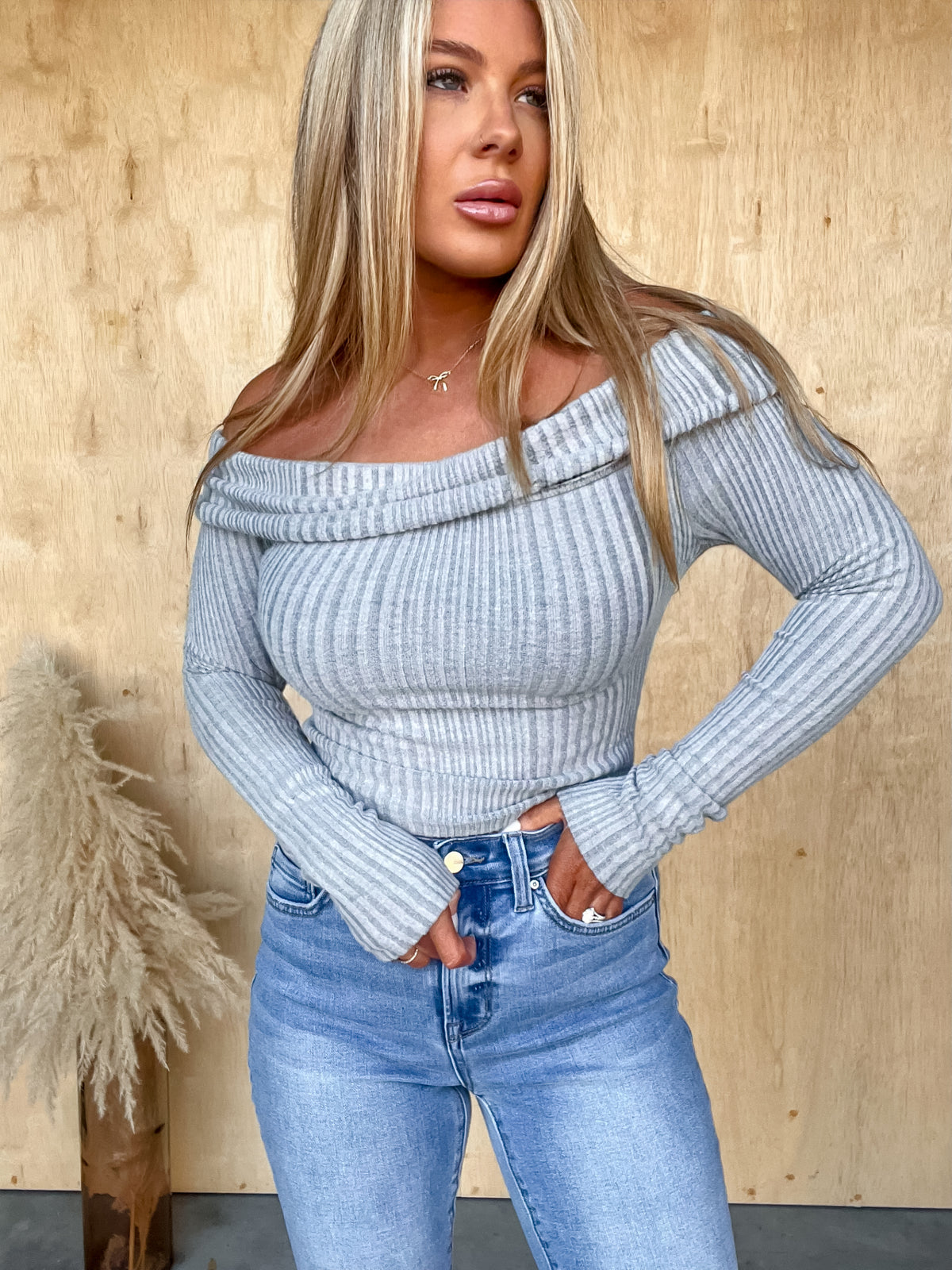 Keeping Busy Heather Grey Off Shoulder Top