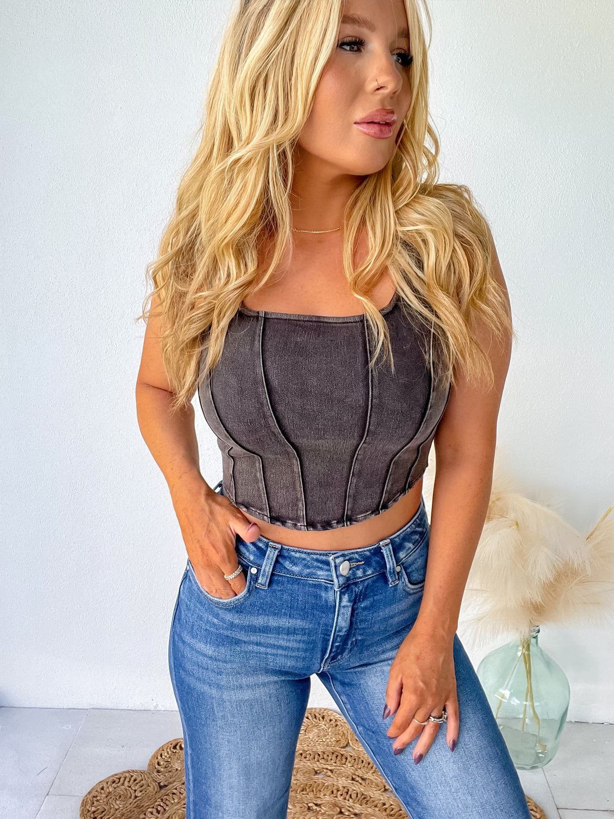 Moving Quickly Black Mineral Wash Corset Seam Top