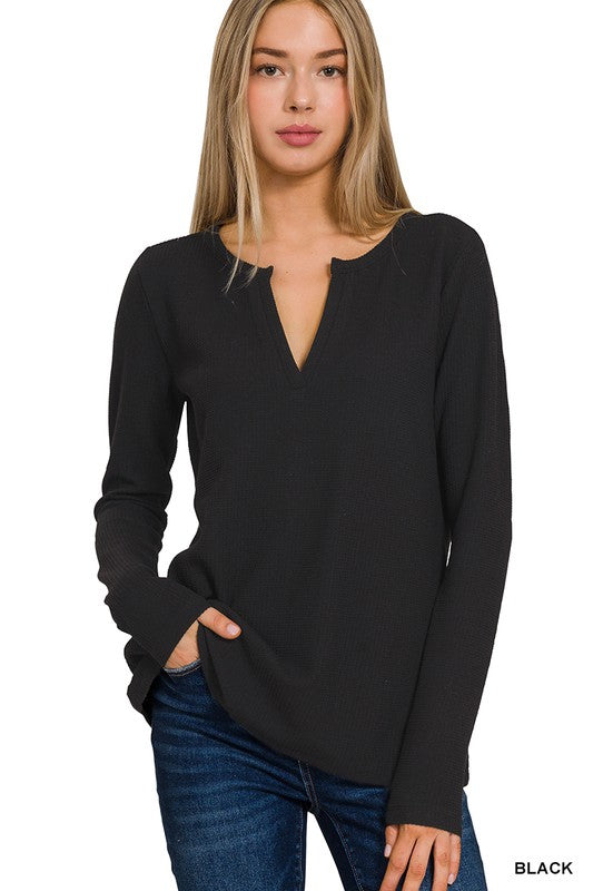 DOORBUSTER - Waiting On You V Neck Waffle Knit Top
