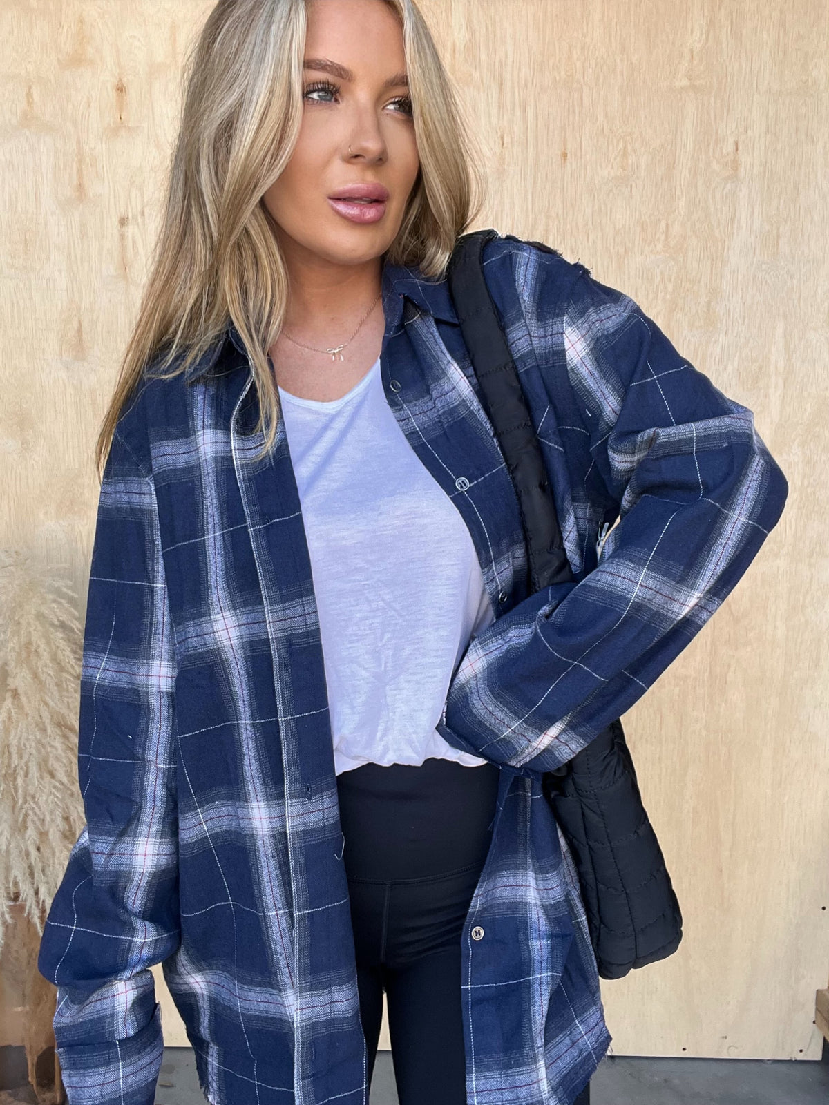 Took A Chance Raw Edge Navy Plaid Top