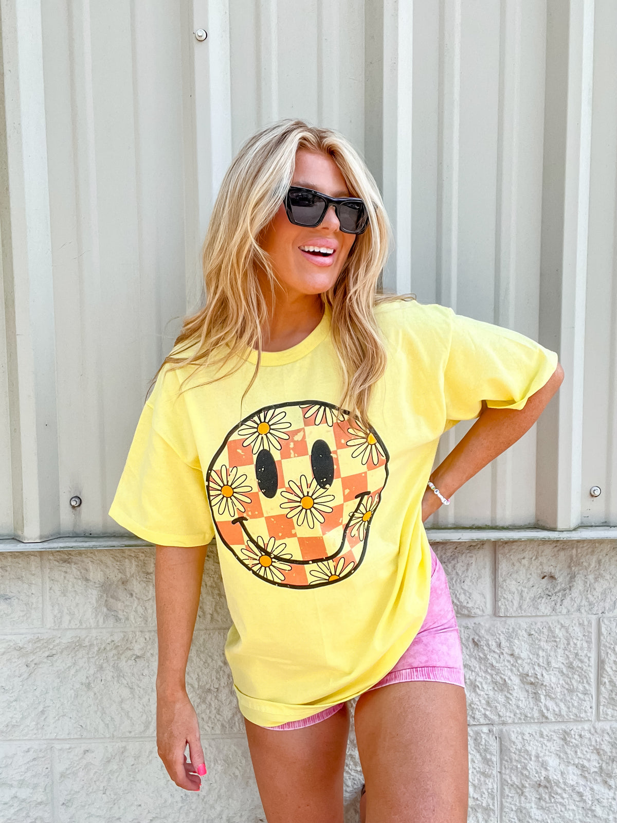 Pink Checker Smiley Graphic Top