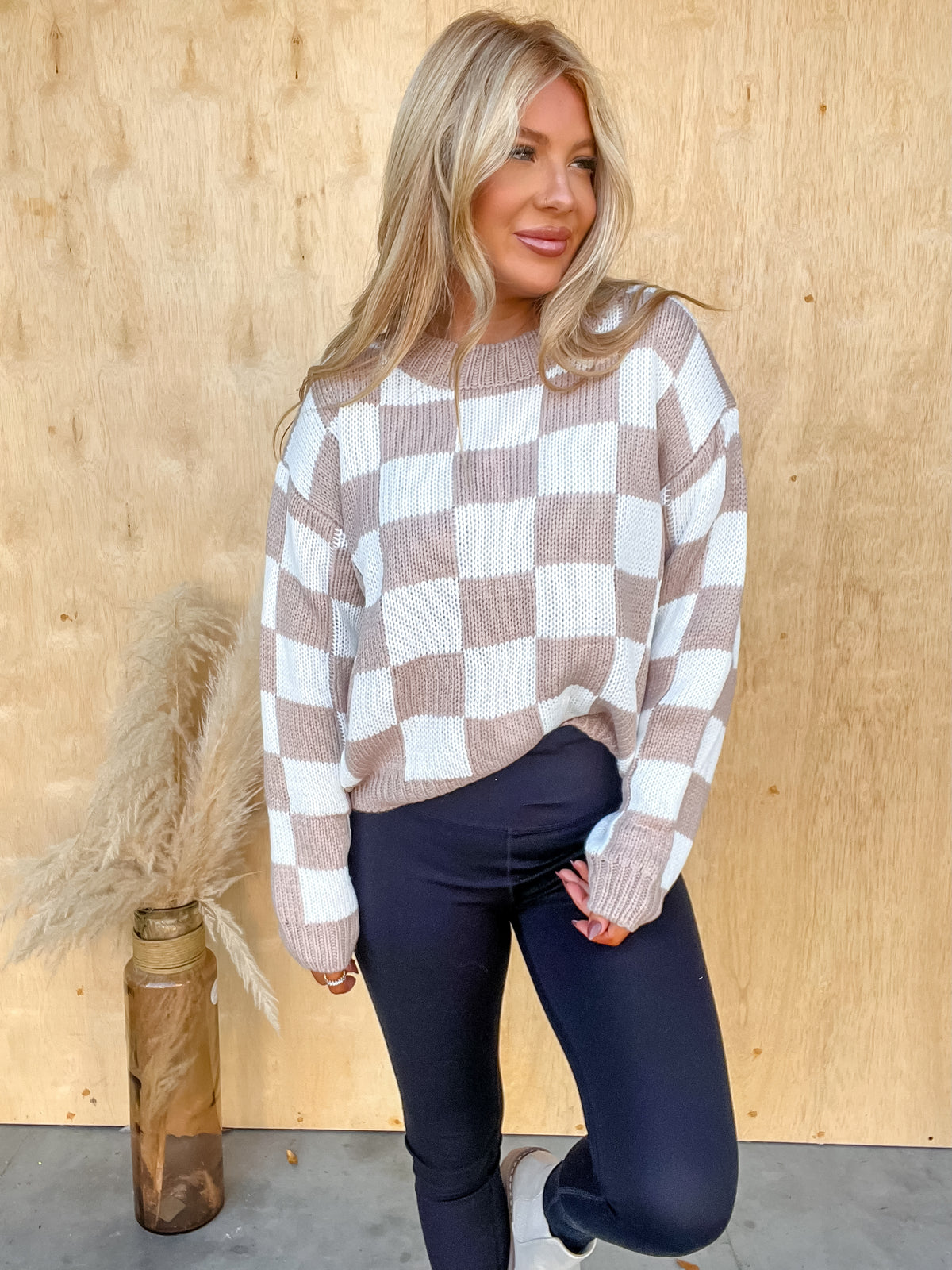 Thinking It Over Taupe Checkered Sweater