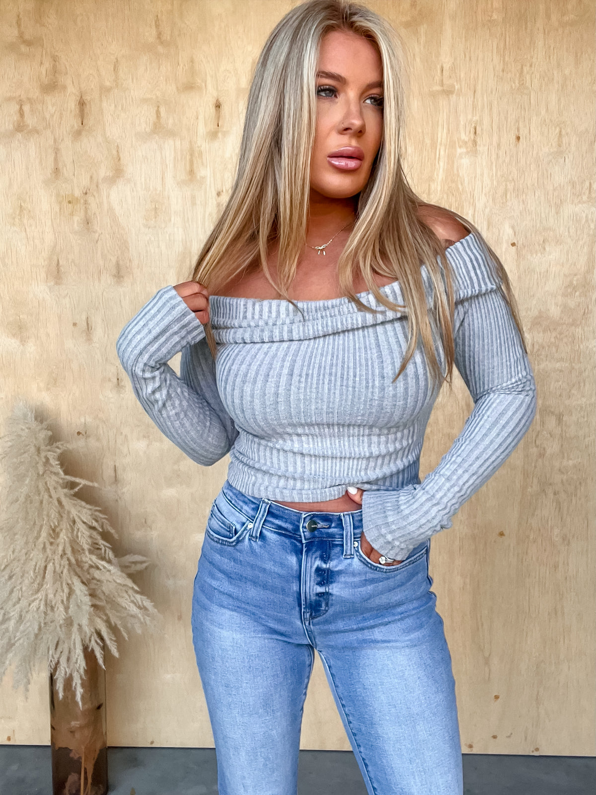 Keeping Busy Heather Grey Off Shoulder Top