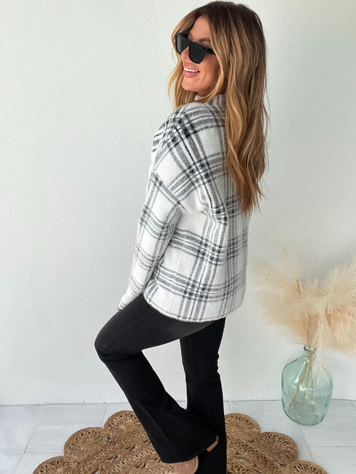 Hometown Darling Off White Plaid Sweater Top