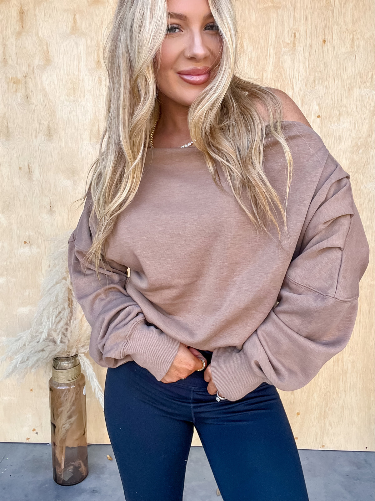 Early Mornings Taupe Off Shoulder Top