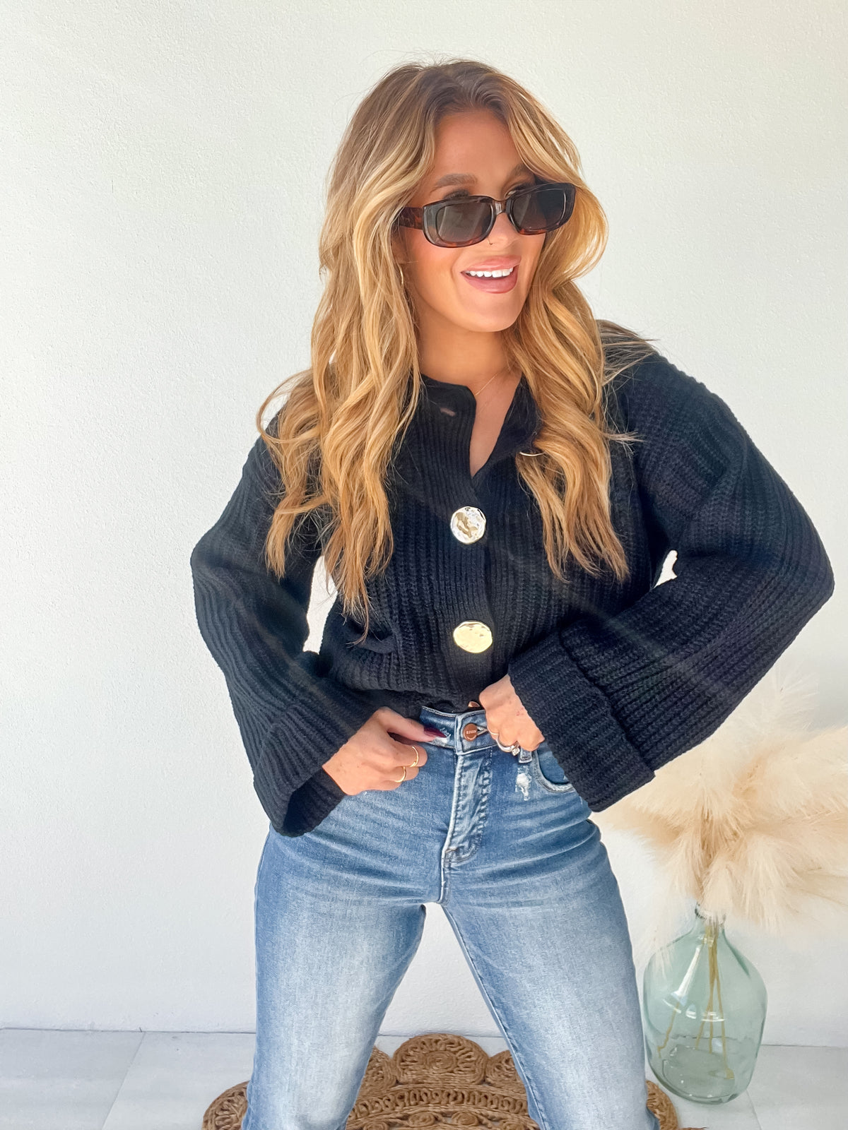 Cozying Up Black Gold Button Detail Sweater Cardigan