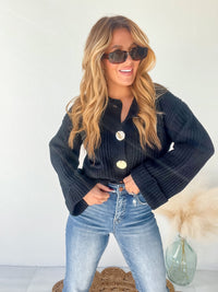 Cozying Up Black Gold Button Detail Sweater Cardigan