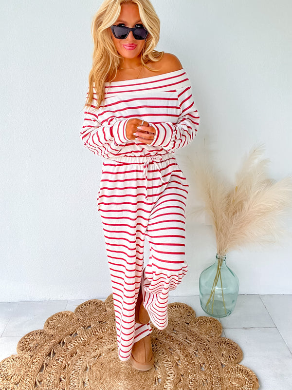 Comfort Goals Red Striped Off Shoulder Jumpsuit