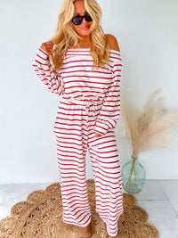 Comfort Goals Red Striped Off Shoulder Jumpsuit