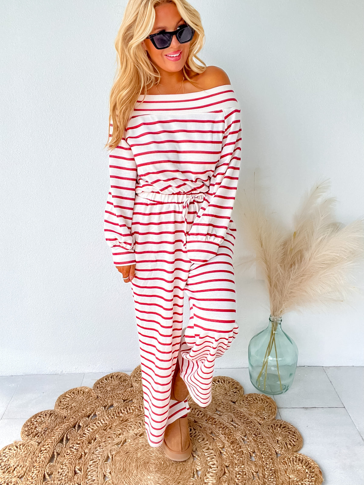 Comfort Goals Red Striped Off Shoulder Jumpsuit