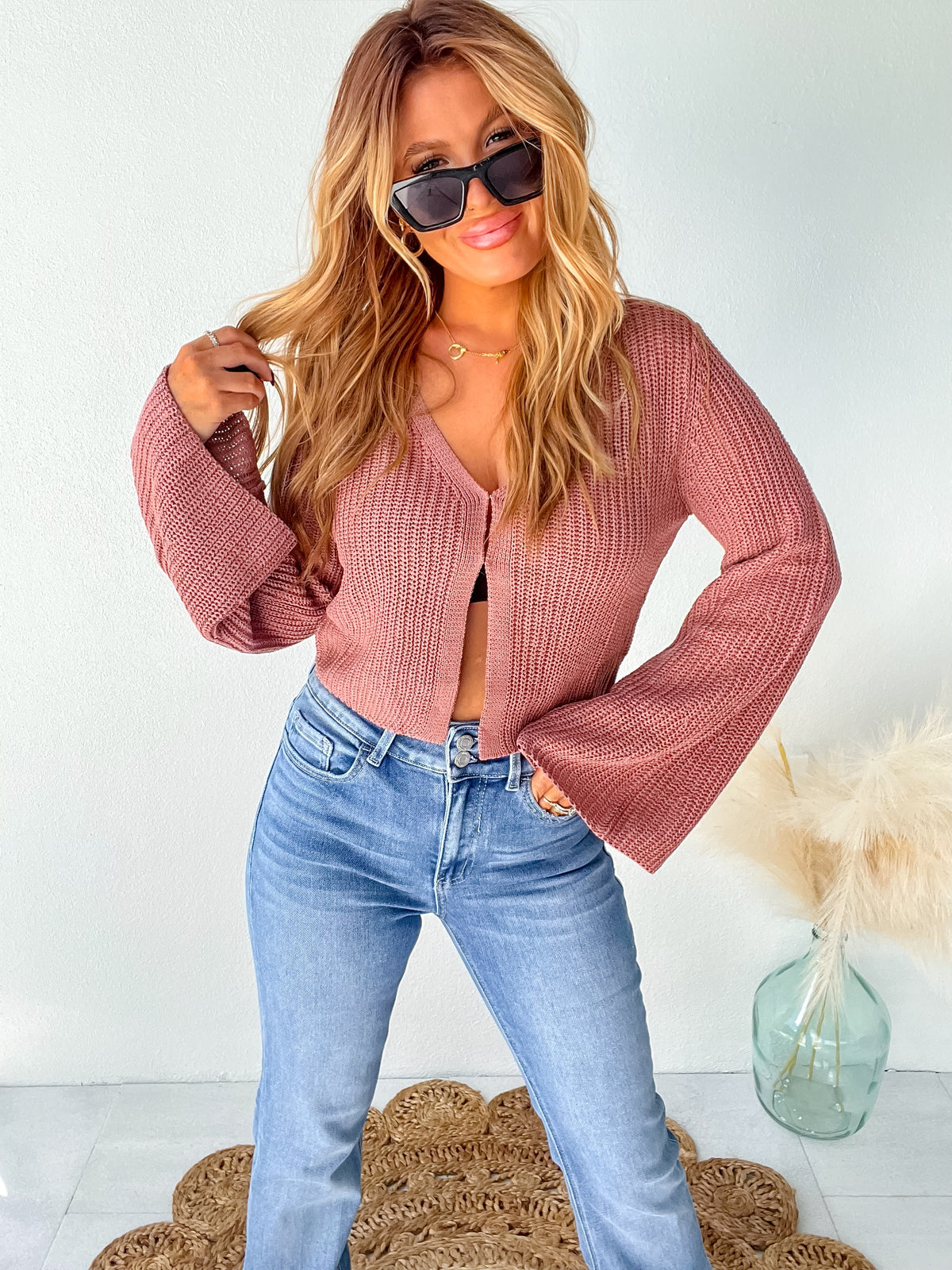 Bold Type Dusty Rose Bell Sleeve Sweater Top