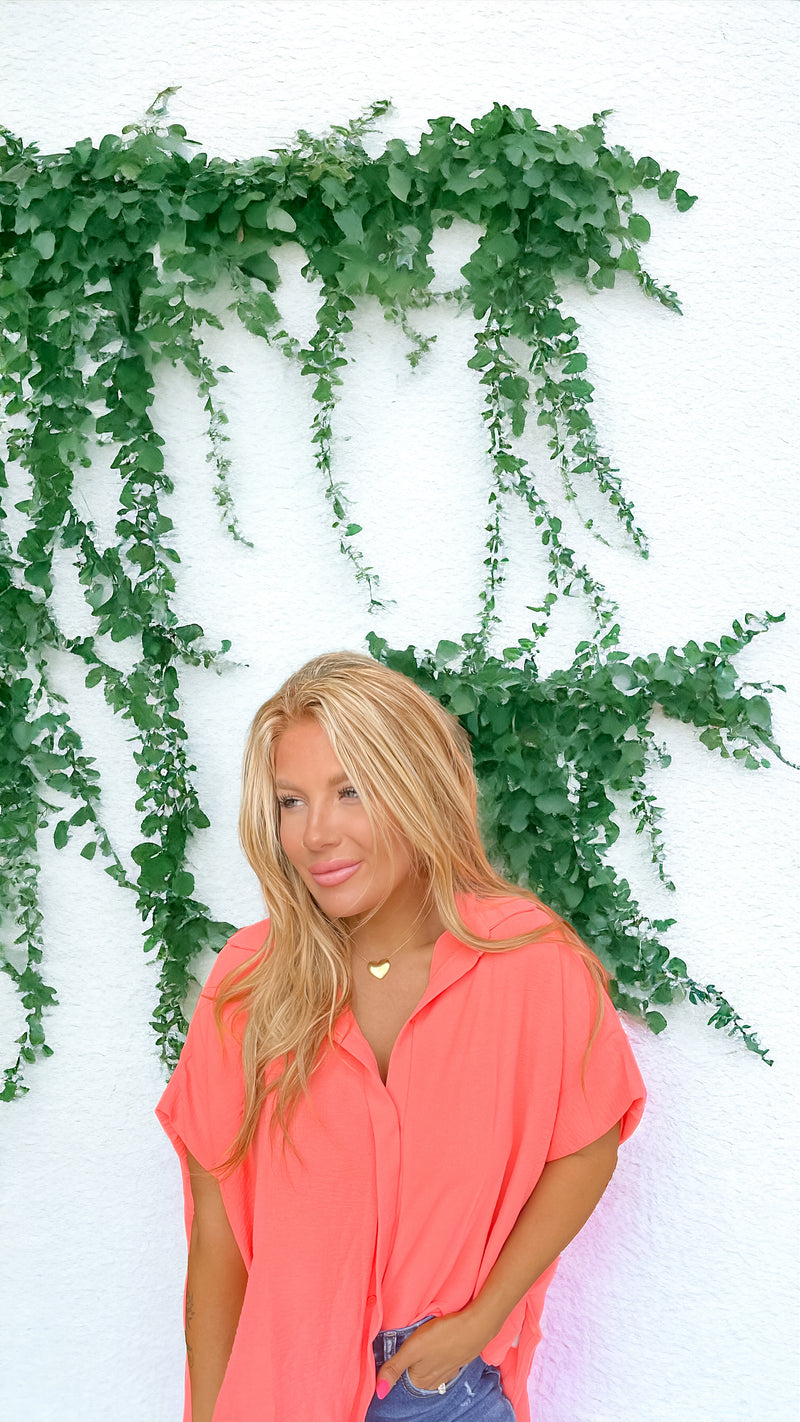 Always A Winner Neon Coral Button Up Top