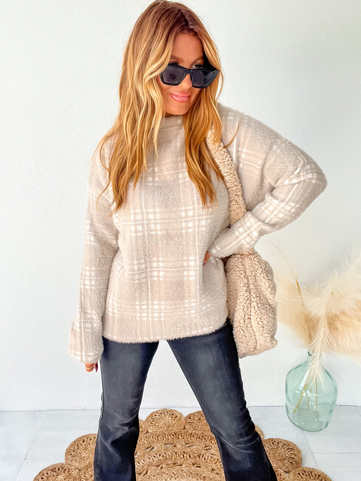 Hometown Darling Mocha Plaid Sweater Top