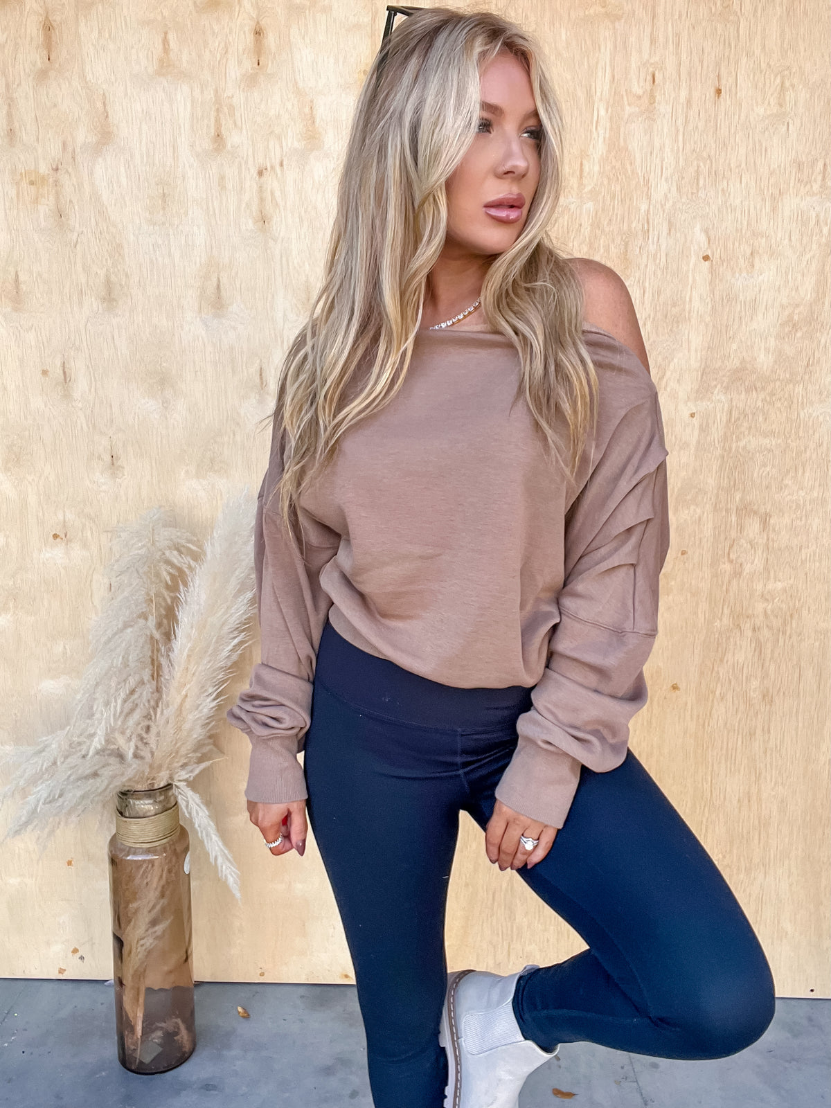 Early Mornings Taupe Off Shoulder Top