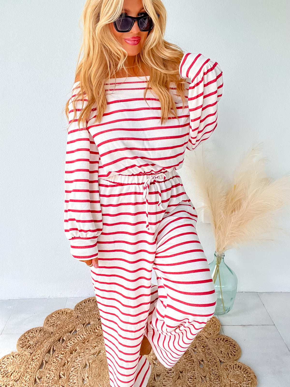 Comfort Goals Red Striped Off Shoulder Jumpsuit