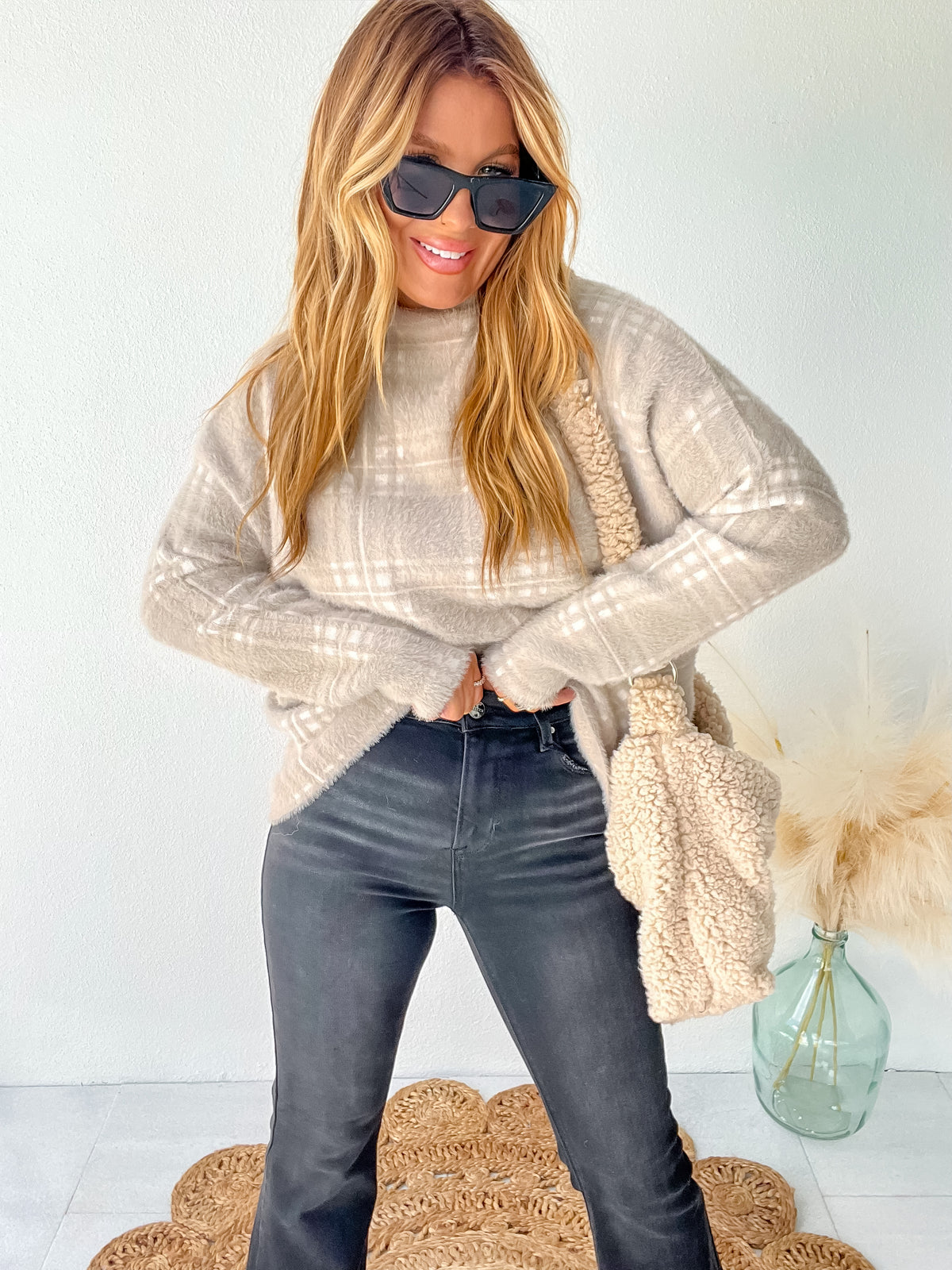 Hometown Darling Mocha Plaid Sweater Top