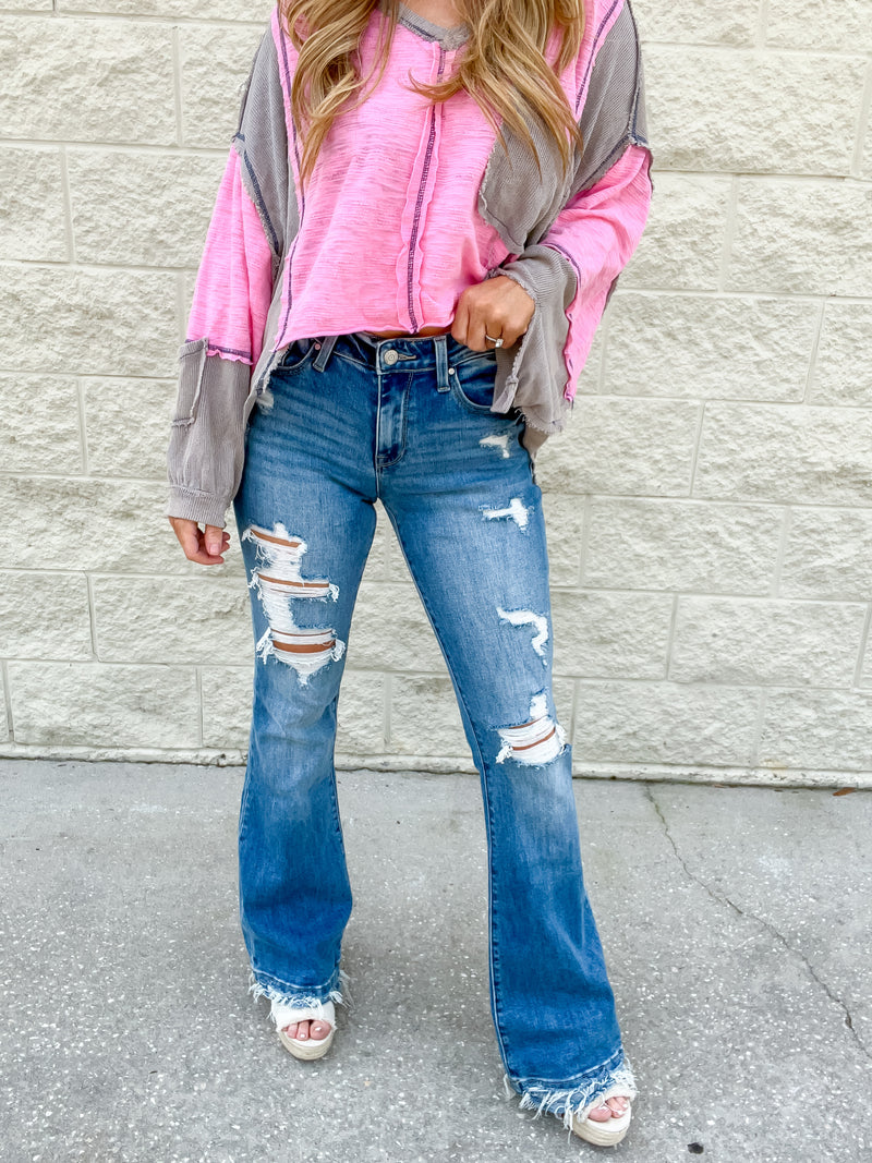 RESTOCK!- Kyra Mid Rise Distressed Flare Jeans