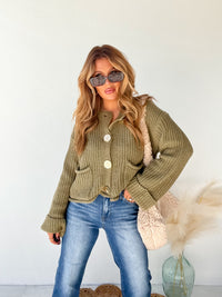 Cozying Up Olive Gold Button Detail Sweater Cardigan