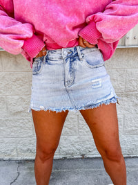 Keep Moving Light Wash Distressed Denim Skort