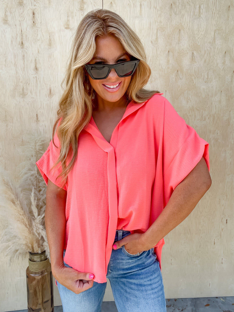 Always A Winner Neon Coral Button Up Top