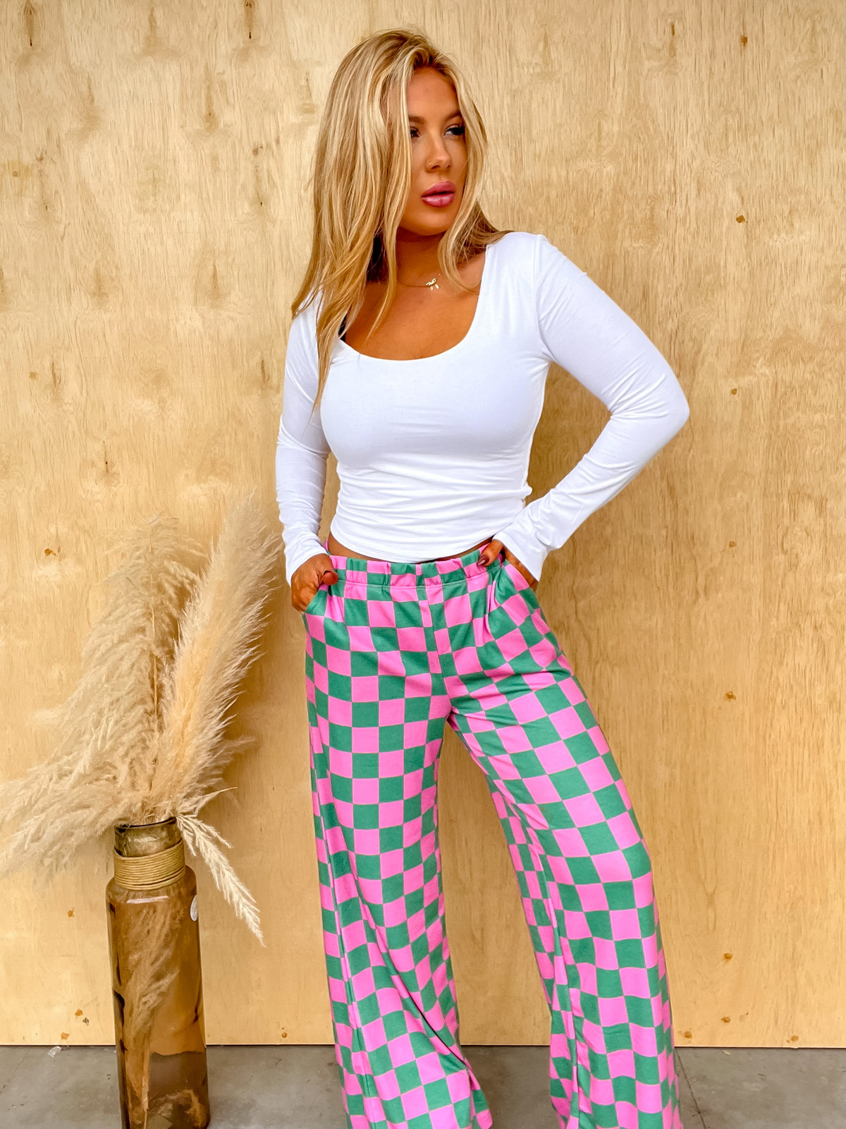 Right On Cue Pink & Green Checkered Pants