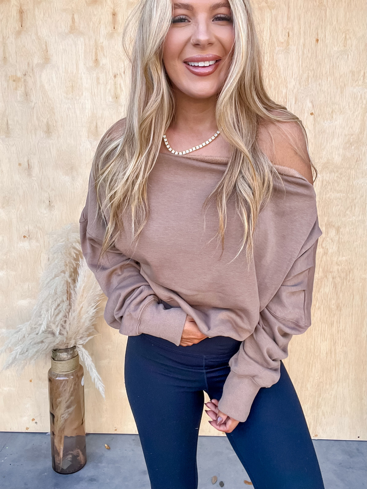 Early Mornings Taupe Off Shoulder Top