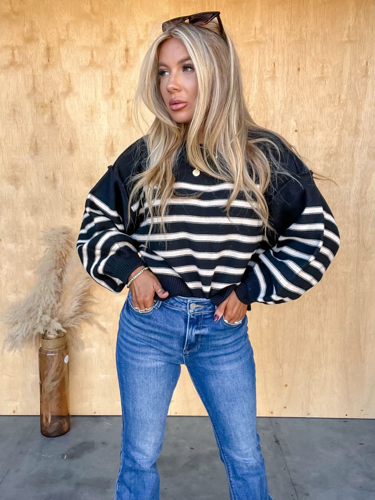 Thankful Hearts Black Striped Sweater