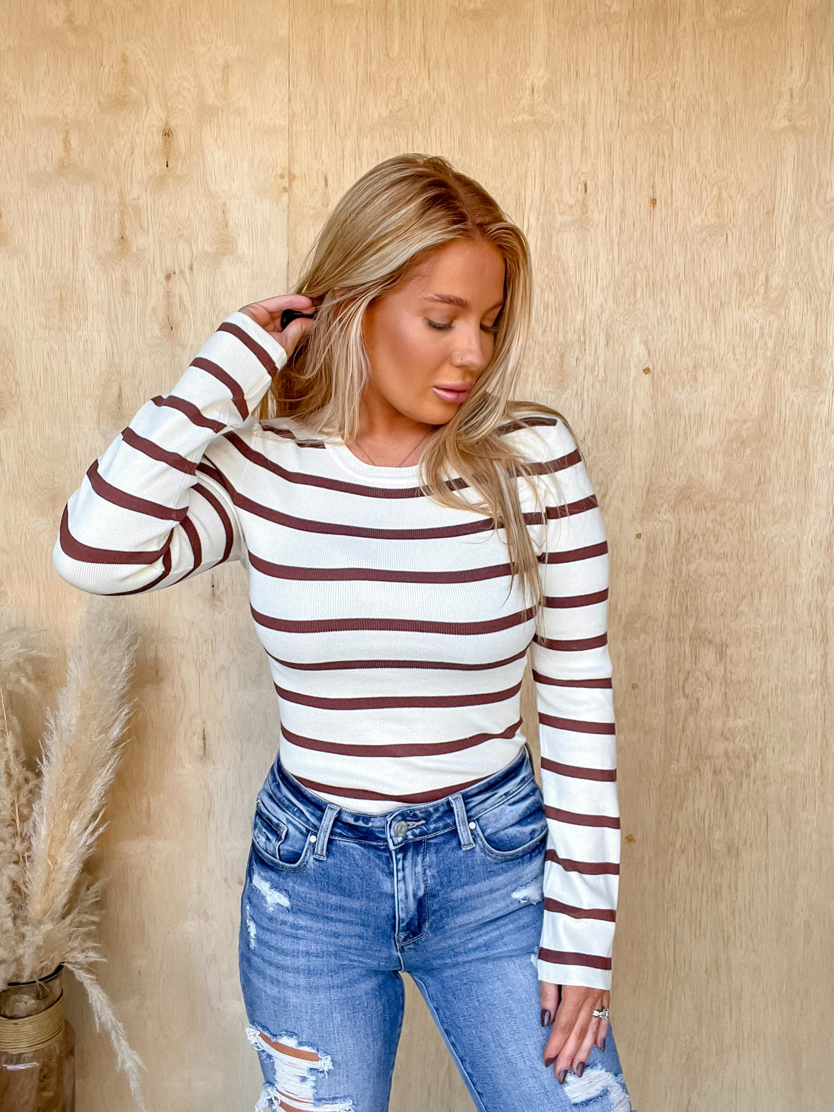 Brunch Babe Cream Brown Stripe Bodysuit