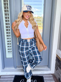Comfort Vibes Navy Orange Plaid Wide Leg Pants