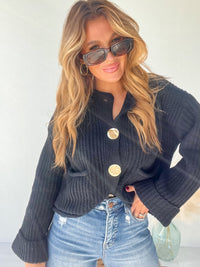 Cozying Up Black Gold Button Detail Sweater Cardigan