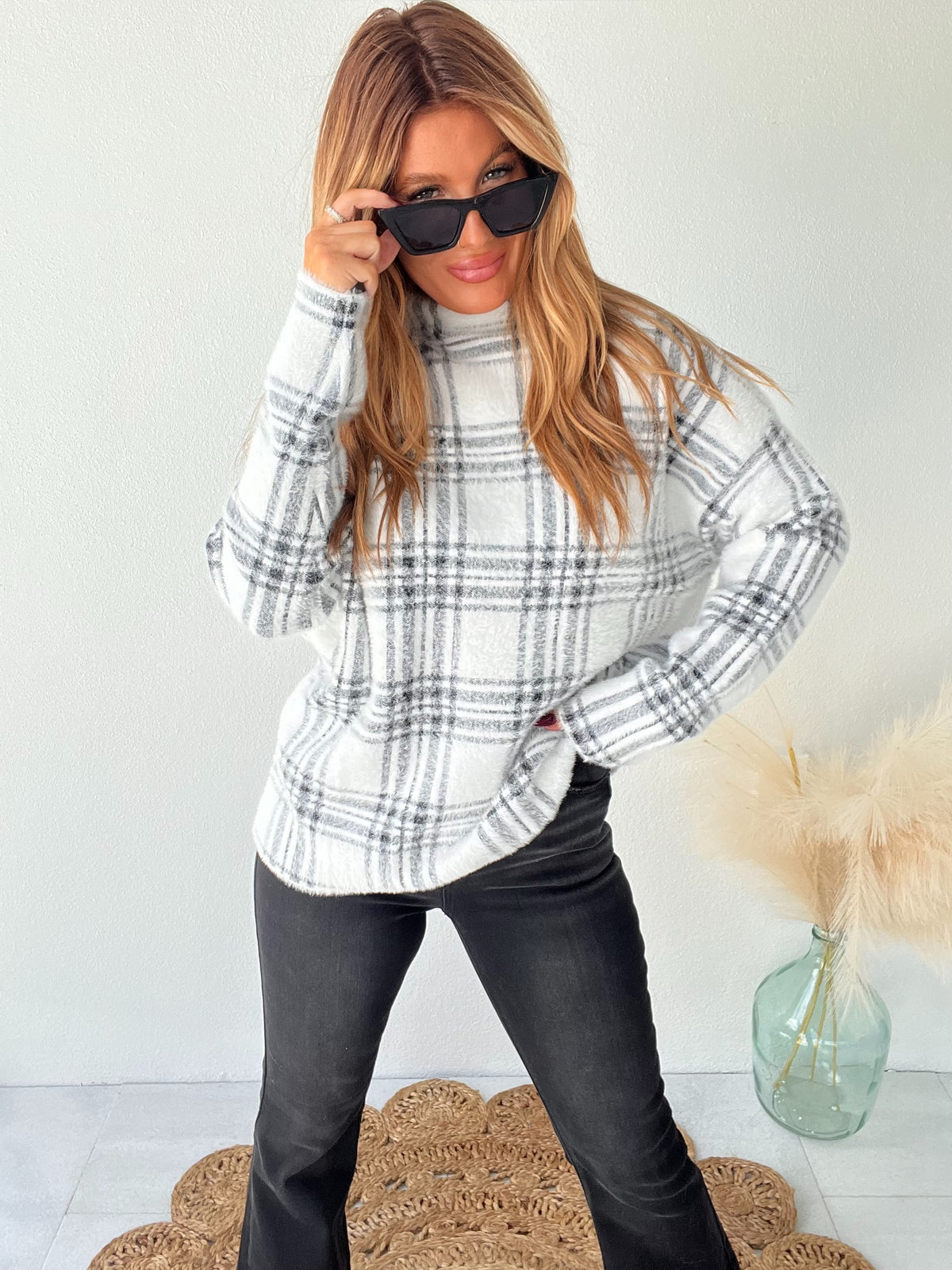 Hometown Darling Off White Plaid Sweater Top