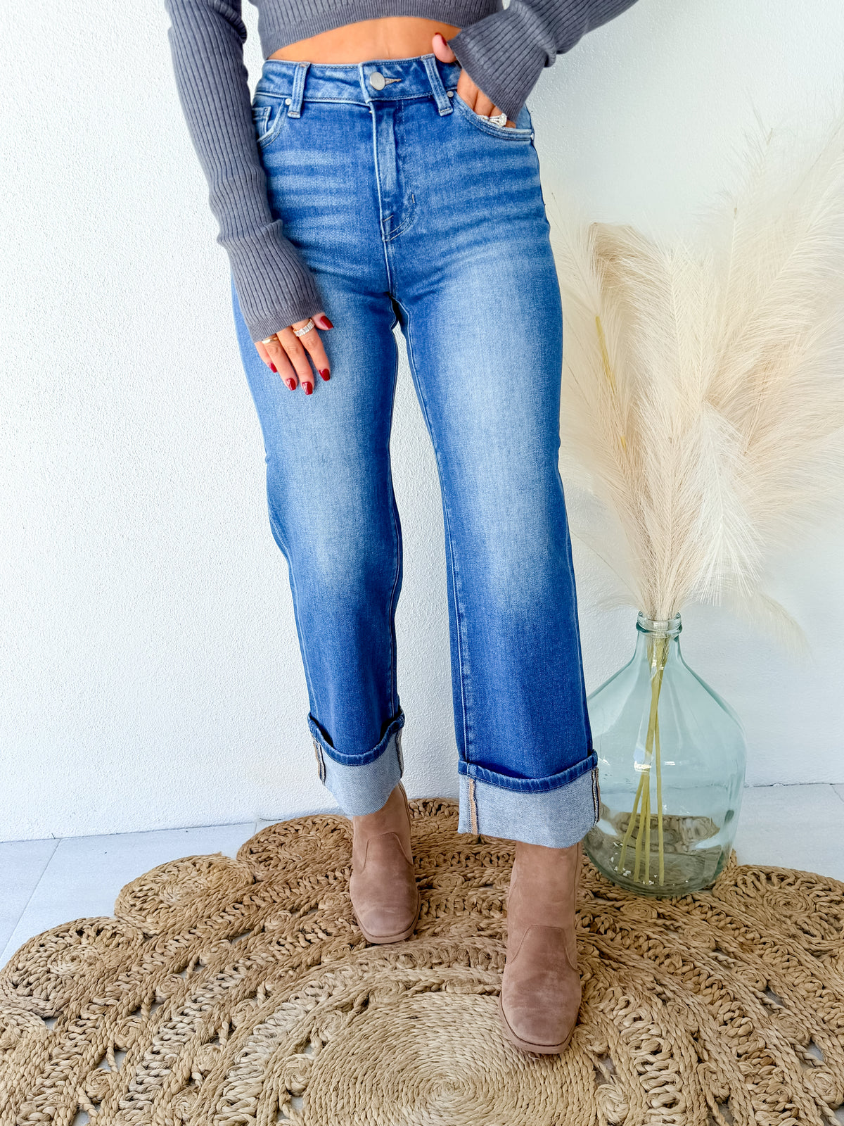 Big Plans Medium Wash Cropped Cuffed Jeans