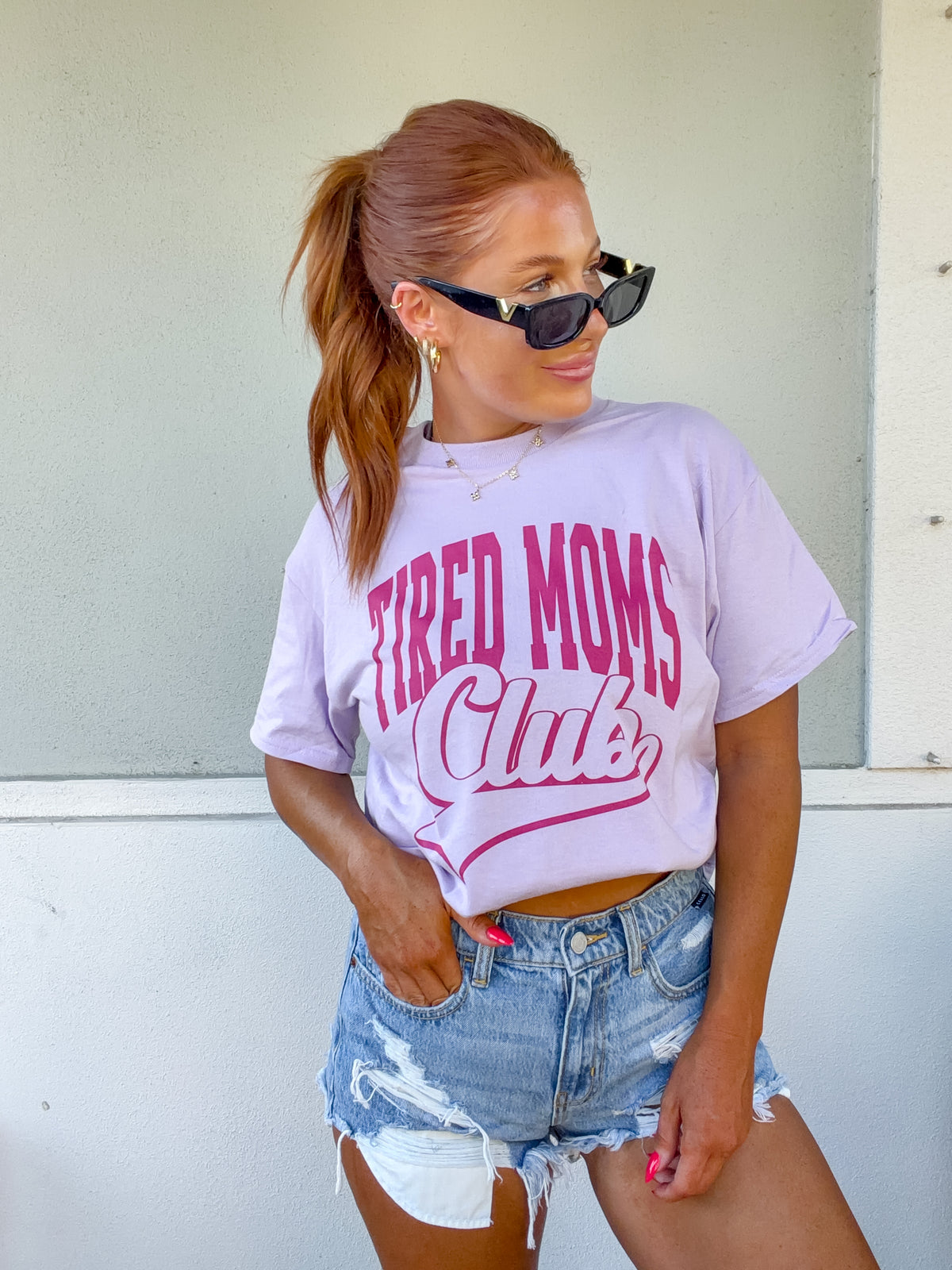 Pink Tired Moms Club Graphic Top