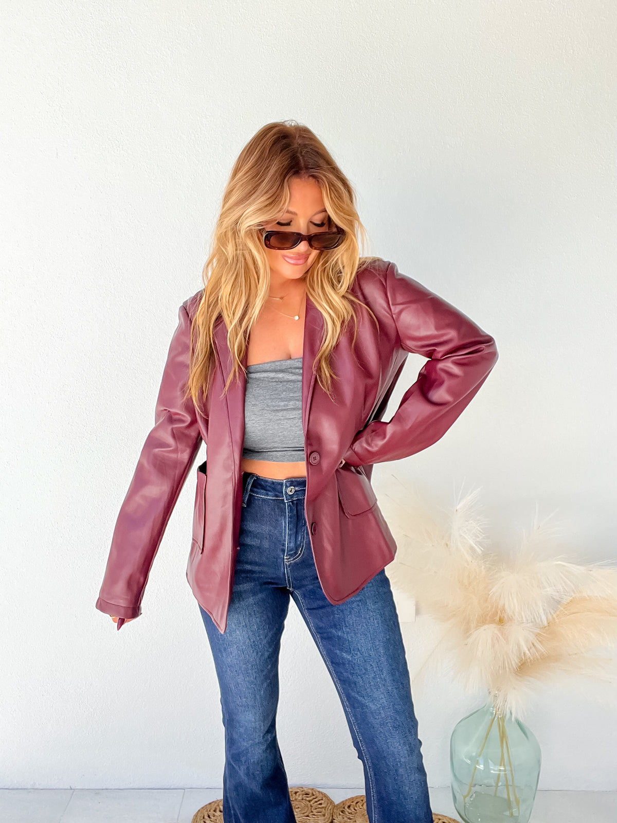 All Drama Burgundy Faux Leather Blazer