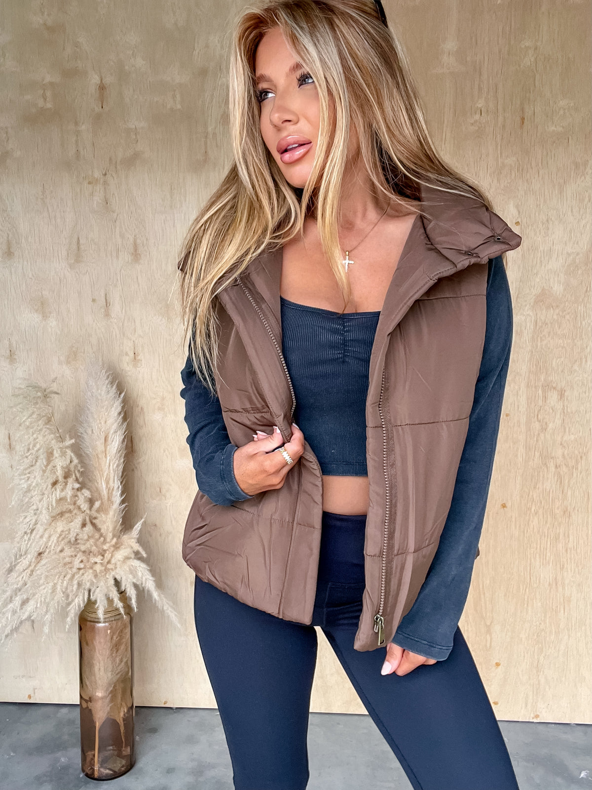 Happy You're Here Brown Puffer Vest