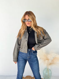 Hard Launch Olive Faux Suede Cropped Jacket