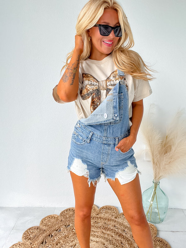 Pretty Unbothered Light Distressed Denim Overall Shorts