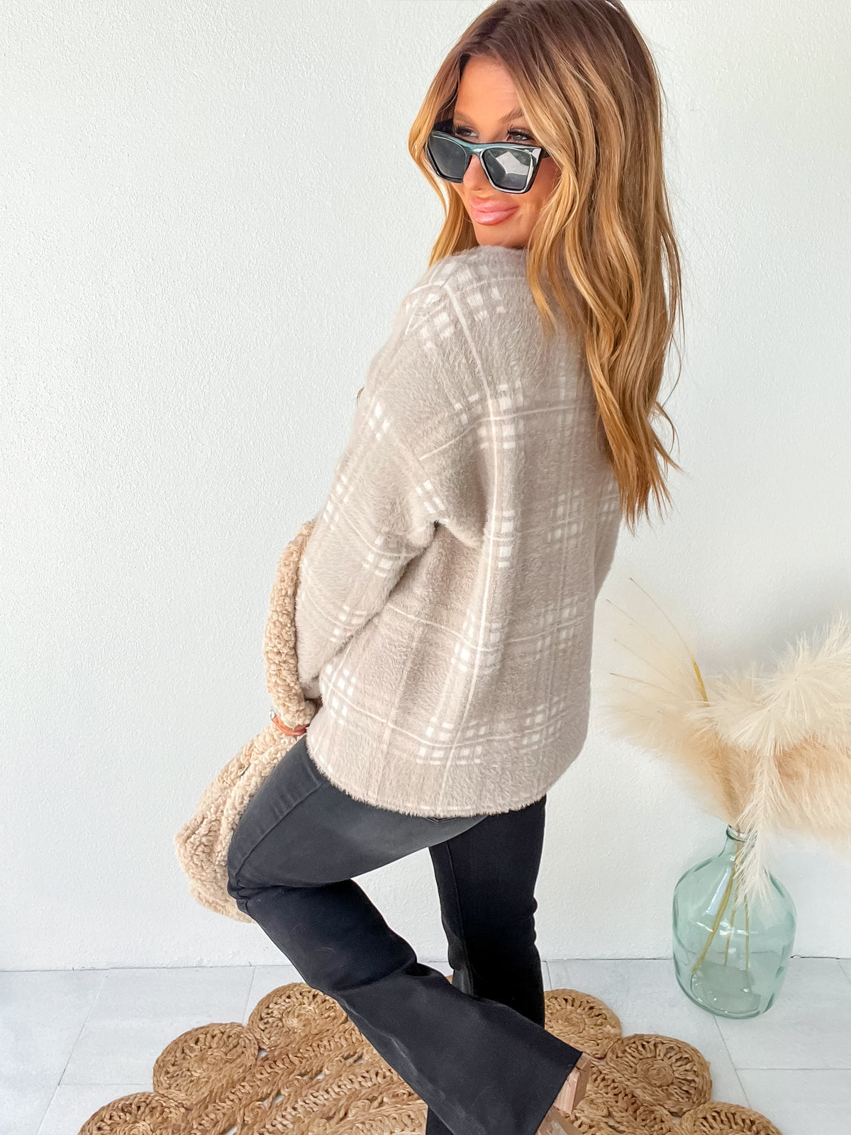 Hometown Darling Mocha Plaid Sweater Top