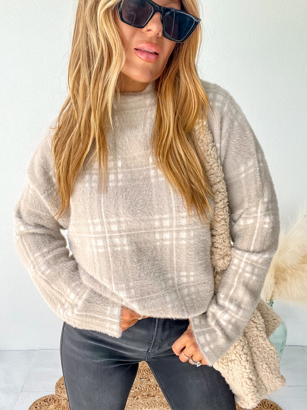 Hometown Darling Mocha Plaid Sweater Top