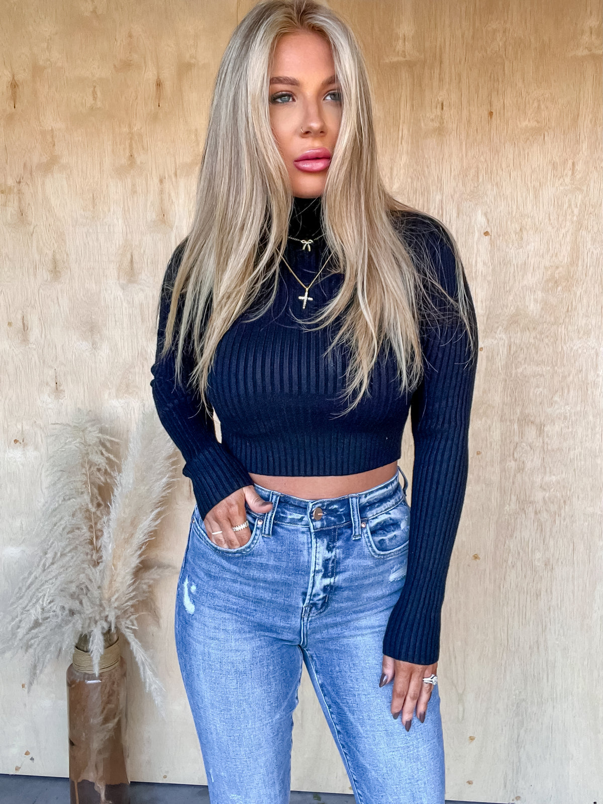 Flirtatious Attitude Black Cropped Turtleneck