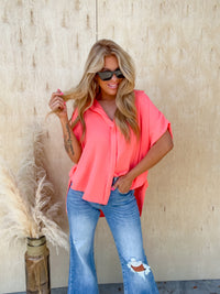 Always A Winner Neon Coral Button Up Top