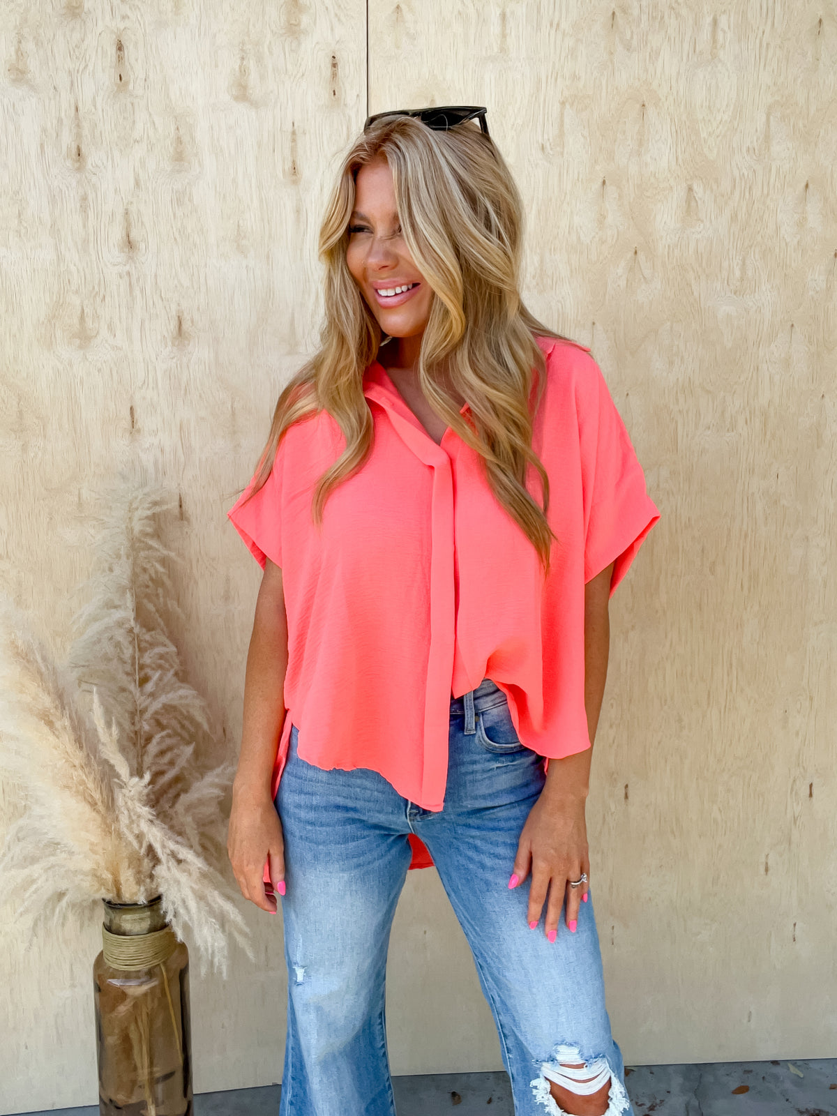 Always A Winner Neon Coral Button Up Top