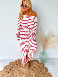 Comfort Goals Red Striped Off Shoulder Jumpsuit