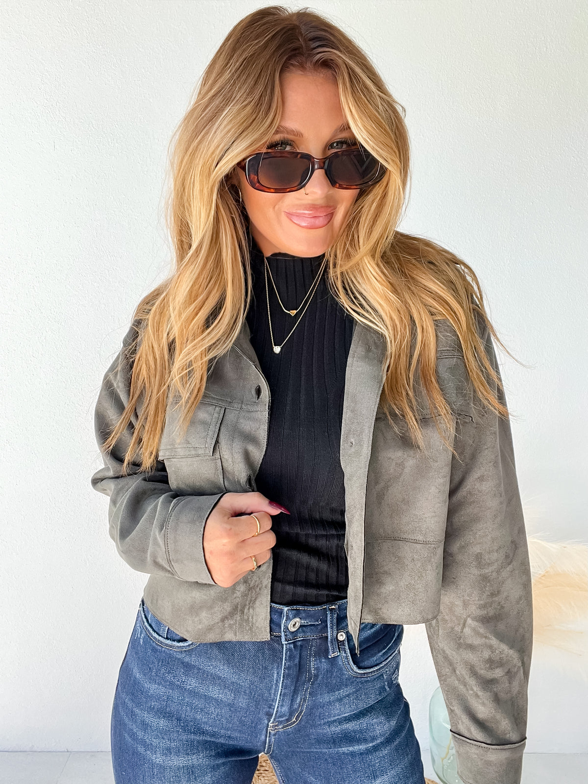 Hard Launch Olive Faux Suede Cropped Jacket