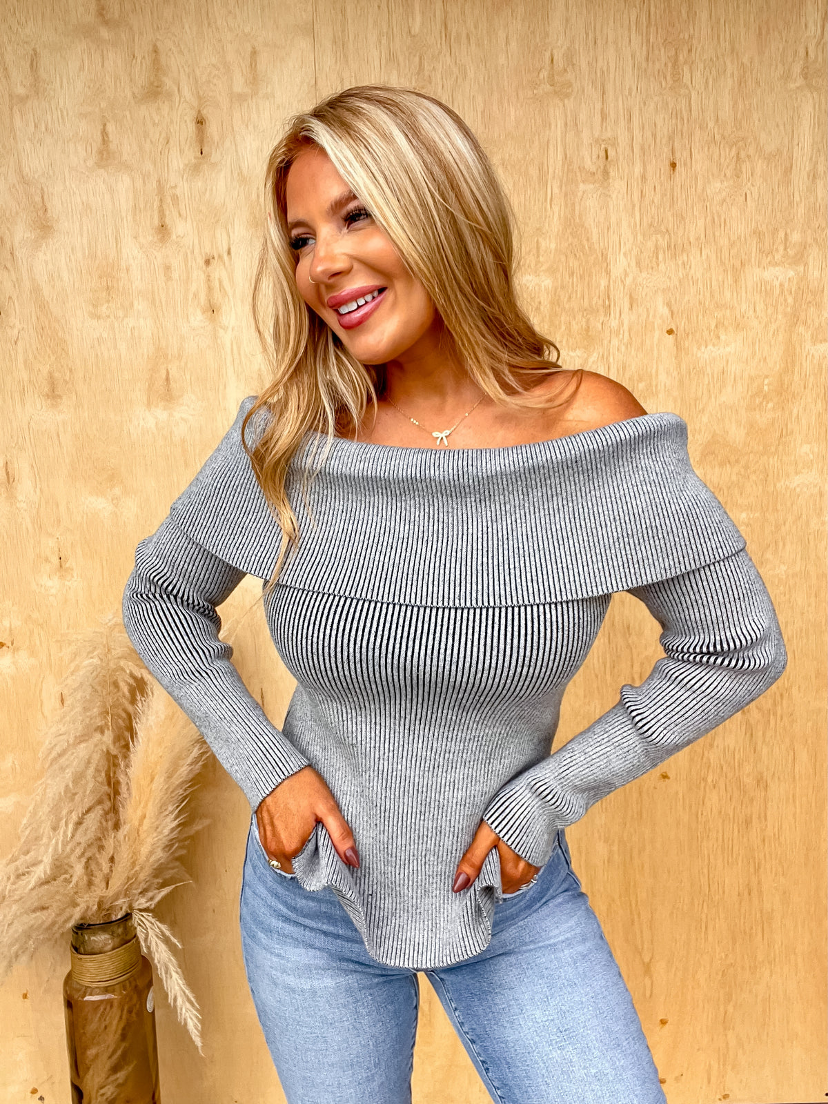 Showing Interest Grey off Shoulder Top