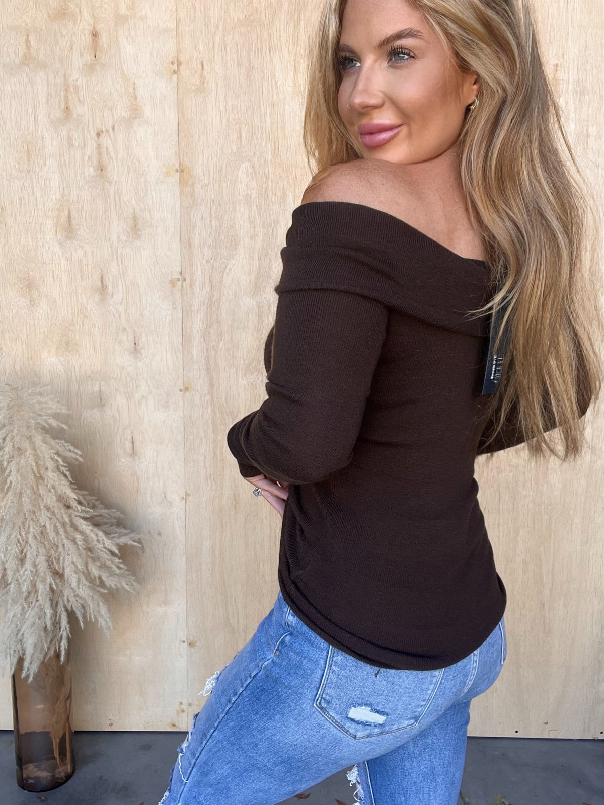 Unspoken Thoughts Brown Off Shoulder Top